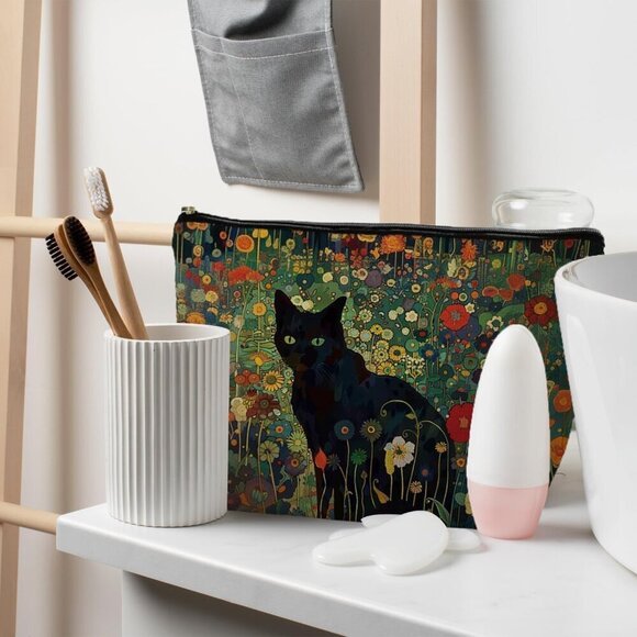 Black Cat Floral Cosmetic Bag Pouch - Makeup Bag for Women, Cat Lover Gift, Mom - Picture 3 of 6